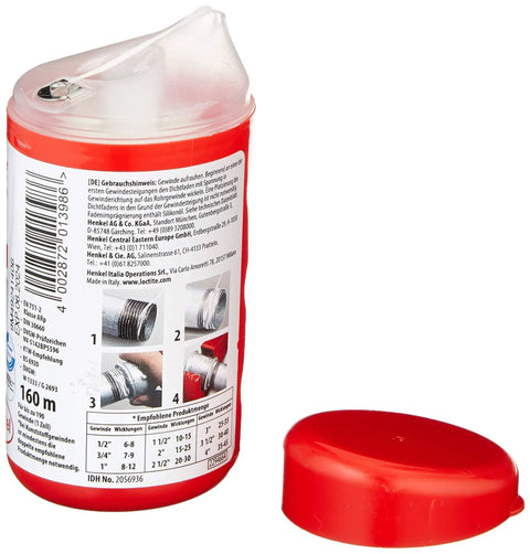 Pipe Sealing Thread Cord For Quick Water And Gas Leak Fix, 150 Meter Roll, red container with cap off, usage instructions visible
