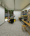Interior of 8x12 Outdoor Shed With Lean To And Triple Doors Galvanized Steel Utility Shed For Vertical Storage, tools inside