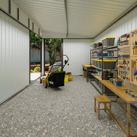 Interior of 8x12 Outdoor Shed With Lean To And Triple Doors Galvanized Steel Utility Shed For Vertical Storage, tools inside