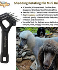 Undercoat Dematting Mini Rake For Doggos And Kitties With V Shape Head And Double Row Stainless Steel Rotating Teeth displayed with dogs
