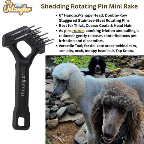 Undercoat Dematting Mini Rake For Doggos And Kitties With V Shape Head And Double Row Stainless Steel Rotating Teeth displayed with dogs
