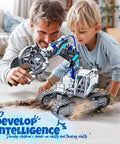 Father and son using Hydraulic Robot Arm Science Kit for Kids 8 To 12 137 Pcs STEM Toy No Batteries Needed Hands On Engineering Crane