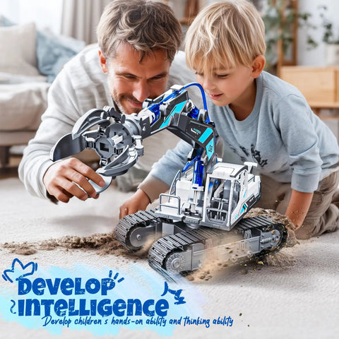 Father and son using Hydraulic Robot Arm Science Kit for Kids 8 To 12 137 Pcs STEM Toy No Batteries Needed Hands On Engineering Crane