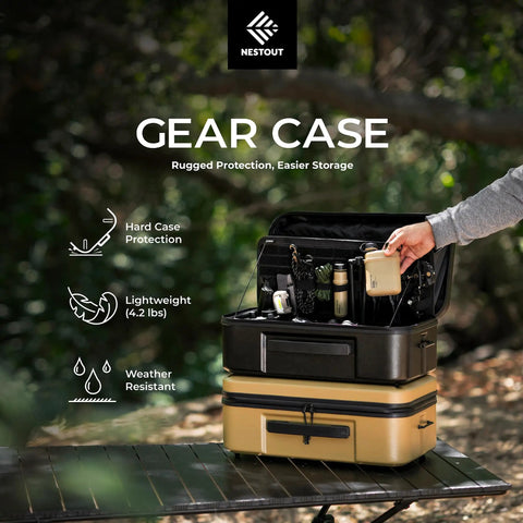 Person using Nestout Go-To Gear Storage Case Lightweight Hard Shell Organizer Water Resistant Stackable Case with Padded Dividers.