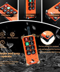 Heavy Duty Full Voltage Industrial Wireless Crane Remote Control Kit For Electric Lift Hoist And Overhead Tower Bridge Systems, 12V To 440V, 315MHz RF, Includes Two Transmitters And One Receiver, Orange, front and side display angles with anti-fall features