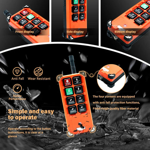 Heavy Duty Full Voltage Industrial Wireless Crane Remote Control Kit For Electric Lift Hoist And Overhead Tower Bridge Systems, 12V To 440V, 315MHz RF, Includes Two Transmitters And One Receiver, Orange, front and side display angles with anti-fall features