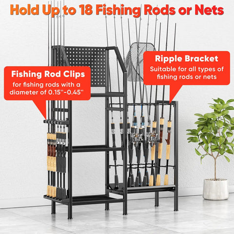 Heavy Duty Garage Fishing Rod Rack Three Tier Adjustable Metal Holder for Up to 18 Rods Pegboard Mountable Storage Guide