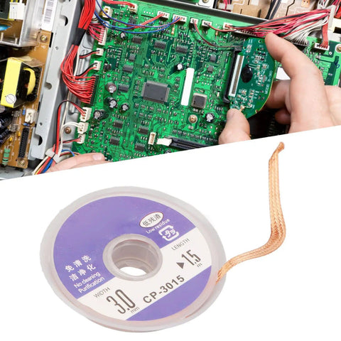 High Performance Low Tin Soft Desoldering Wick Braid for Quick And Easy PCB Solder Removal with green circuit board background