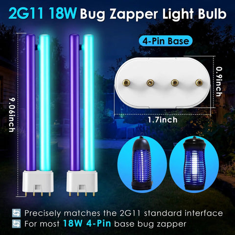 Dual Color Bug Zapper Light Bulbs 18W 2 Pack 4 Pin Base 2G11 Indoor Outdoor Mosquito Fly Insect Light Upgraded H Shaped UV Tube