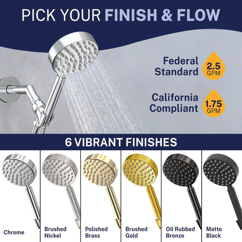 Solid Metal Handheld Shower Head With Hose And Brass Holder Chrome Finish 2.5 GPM High Pressure No Rust Heavy Duty Build 6 Foot Flexible Extension Durable