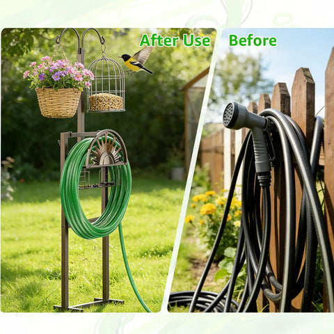 Heavy Duty Tough As Nails Garden Hose Reel With Two Shepherd Hooks Holds 150 Feet Of Five Eighths Inch Hose in sunny yard.
