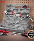 67 Piece SAE Auto Mechanic Tool Kit For Cars And Motorcycles With Sockets Ratchet Wrench Pliers And More Ideal For Garage Repairs And Quick Fixes That Holds Up In A Busy Shop, open gray case showing sockets, pliers, and ratchet on workbench.