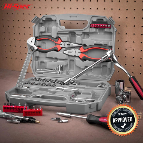 67 Piece SAE Auto Mechanic Tool Kit For Cars And Motorcycles With Sockets Ratchet Wrench Pliers And More Ideal For Garage Repairs And Quick Fixes That Holds Up In A Busy Shop, open gray case showing sockets, pliers, and ratchet on workbench.