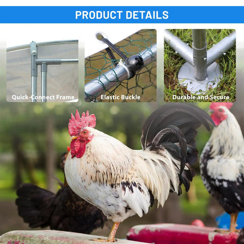 Heavy Duty Large Metal Chicken Coop With Outdoor Run features quick-connect frame, elastic buckle, and secure base with rooster