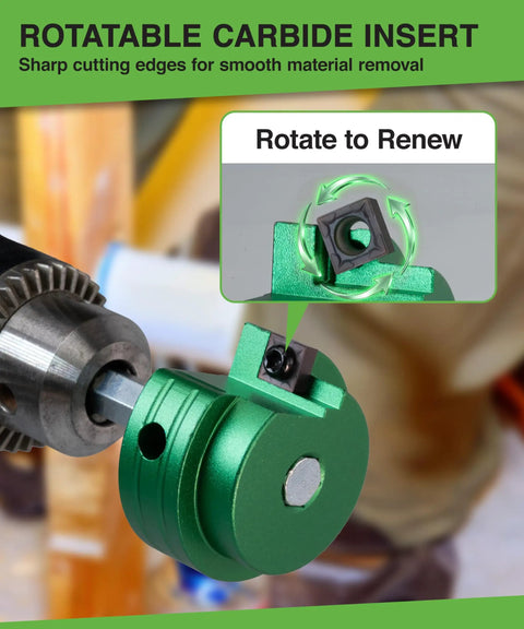 Pro Grade Heavy Duty PVC Pipe Reamer Kit for DIYers and Pros showing rotatable carbide insert and aluminum fitting saver.