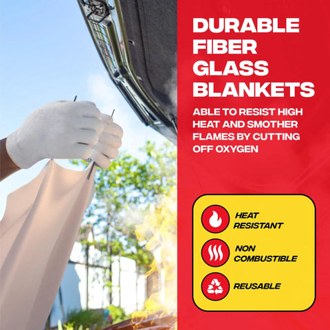 Person using All In One Fire Safety Kit With Four Kitchen Fire Blankets outdoors with car hood open, fire extinguishing demonstration.