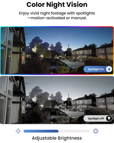 Image showing the difference in brightness and color with spotlight on and off using a 4K Outdoor PTZ Security Camera with WiFi 6.