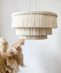 Boho Fringe Chandelier Pendant Light For Nursery Or Bedroom, Handmade 3 Light Fixture With Cream Fringe, Gold Metal Frame, 23 Inches