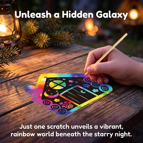 Hand using a stick on Camping Scratch Card Kit 24 Pack For Outdoor Parties with rainbow colors and camp-themed designs.