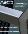 Close-up of SecureTite ExtremeEdge ratchet strap over metal bar, showcasing reinforced edges for durability.