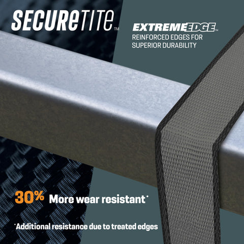 Close-up of SecureTite ExtremeEdge ratchet strap over metal bar, showcasing reinforced edges for durability.
