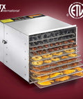 Huge Commercial Food Dehydrator Built Solid With Stainless Steel Trays And Advanced Digital Controls For Drool Worthy Homemade Jerky And Fresh Fruit Snacks You Will Absolutely Devour, showcasing dehydrated fruits and jerky.