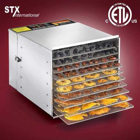 Huge Commercial Food Dehydrator Built Solid With Stainless Steel Trays And Advanced Digital Controls For Drool Worthy Homemade Jerky And Fresh Fruit Snacks You Will Absolutely Devour, showcasing dehydrated fruits and jerky.