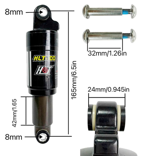 Rear Shock For Mountain Bikes And E-Bikes With 150/165mm Travel, 1000lb Spring, And Hydraulic Damper with bushings dimensions shown