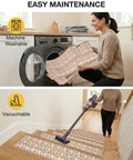 Woman using washable carpet and vacuuming stairs for easy maintenance in home setting.