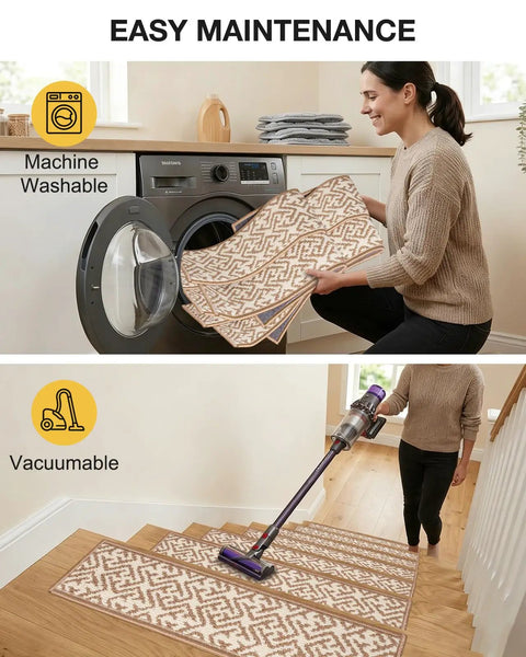 Woman using washable carpet and vacuuming stairs for easy maintenance in home setting.