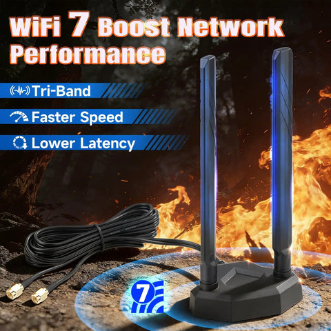 Tri-Band WiFi 7 and 6E External Antenna With Magnetic Base for Gaming PCs and Routers, RP-SMA Connector, dual antenna view