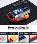 2S 2200mAh 7.4V 50C Shorty LiPo Battery Pack with XT60 Connector, soft case, shown on black grid mat, product details highlighted