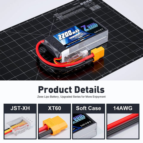 2S 2200mAh 7.4V 50C Shorty LiPo Battery Pack with XT60 Connector, soft case, shown on black grid mat, product details highlighted