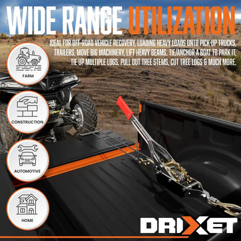 Heavy Duty Come Along Winch 4 Ton Hand Puller in truck bed showing farm, construction, automotive uses with cable and pulley