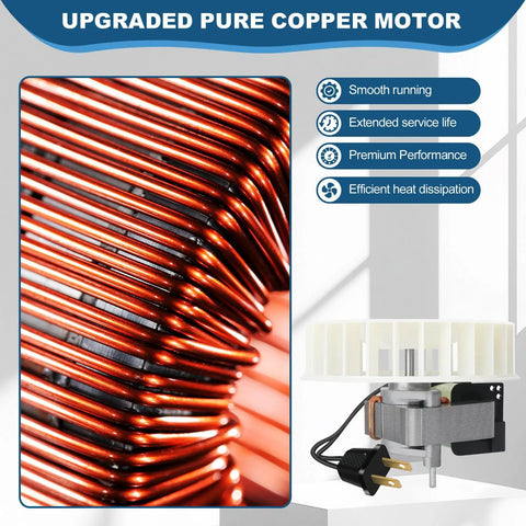 Replacement Bathroom Exhaust Fan Motor With Blower Wheel, 70 CFM, Quiet Yet Powerful, pure copper motor close-up