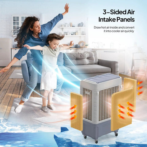 Heavy Duty 13.2 Gallon Evaporative Air Cooler And Portable Swamp Fan With Remote 4100 CFM Airflow shown with 3-sided intake panels.
