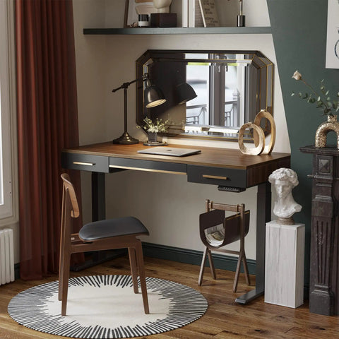 Slick Electric Sit Stand Desk With 3 Integrated Drawers gives your home office an ace upgrade with black walnut surface and steel frame.