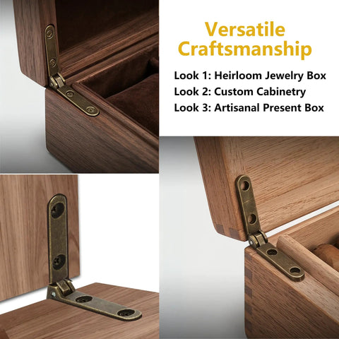 Mini Hidden Box Hinges Set For Jewelry Boxes And Small Chests 90 Degree Zinc Alloy Hardware, installed in wooden box