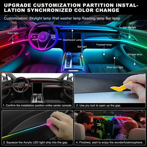 Interior view of RGB car lit acrylic interior car LED strip light kit with wireless app showing dashboard and ambient lighting installation steps