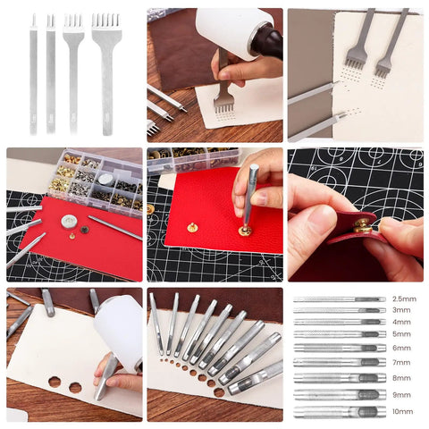 All In One Leather Craft Kit With 155 Piece Tool Set For Beginners Includes Stamping Tools Punches Stitching System Groover Edge Beveler Creaser And Cutting Tools For Wallets Belts Bags DIY Leatherworking Starter Set shown with tools and leather.