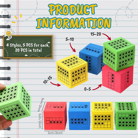Ten Frame Foam Dice Set For Classroom Math 20 Colorful 2 Inch Dice In Red Green Blue Yellow For Subitizing Counting