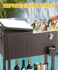 Portable Patio Cooler Bar Cart 80QT Rolling Beverage Station with Storage Shelf Lockable Wheels and Bottle Opener by pool