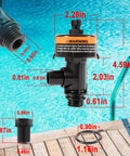 Black high-flow manual air relief valve for pool and spa filters with threaded ends and warning label