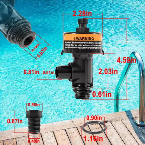 Black high-flow manual air relief valve for pool and spa filters with threaded ends and warning label