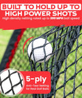 Close-up of 10x7ft Heavy Duty Golf Hitting Net showing ball caught in 5-ply netting, designed for real golf balls and powerful shots.
