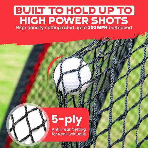 Close-up of 10x7ft Heavy Duty Golf Hitting Net showing ball caught in 5-ply netting, designed for real golf balls and powerful shots.