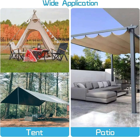Application of Heavy Duty Grommet Kit in tents and patio canopies, illustrating usage for fabric and tarps.