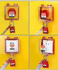 Box Type Emergency Stop Button Lockout Cover, Transparent Push Button Switch Guard with Removable Base, shown from multiple angles