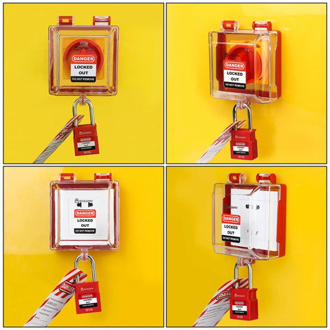 Box Type Emergency Stop Button Lockout Cover, Transparent Push Button Switch Guard with Removable Base, shown from multiple angles