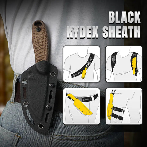 3.14 Inch D2 Fixed Blade Knife With Sheath on belt, burlap Micarta handle, compact survival knife for outdoor camping.
